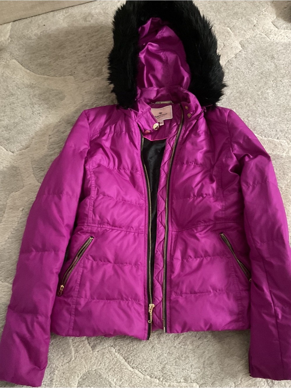 Vintage Juicy Couture Womens Magenta Puffer Jacket with Faux Fur Hood